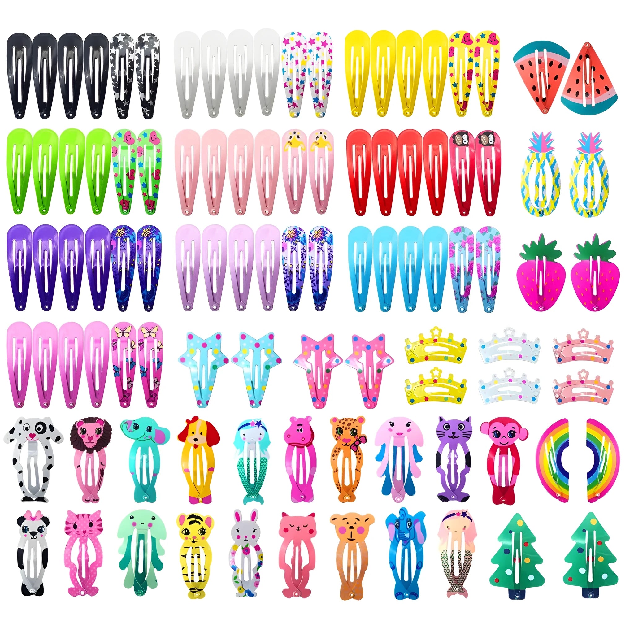100 piece metal snap hair clips for girls in candy colours with animal, fruit, crown, star, and flower designs