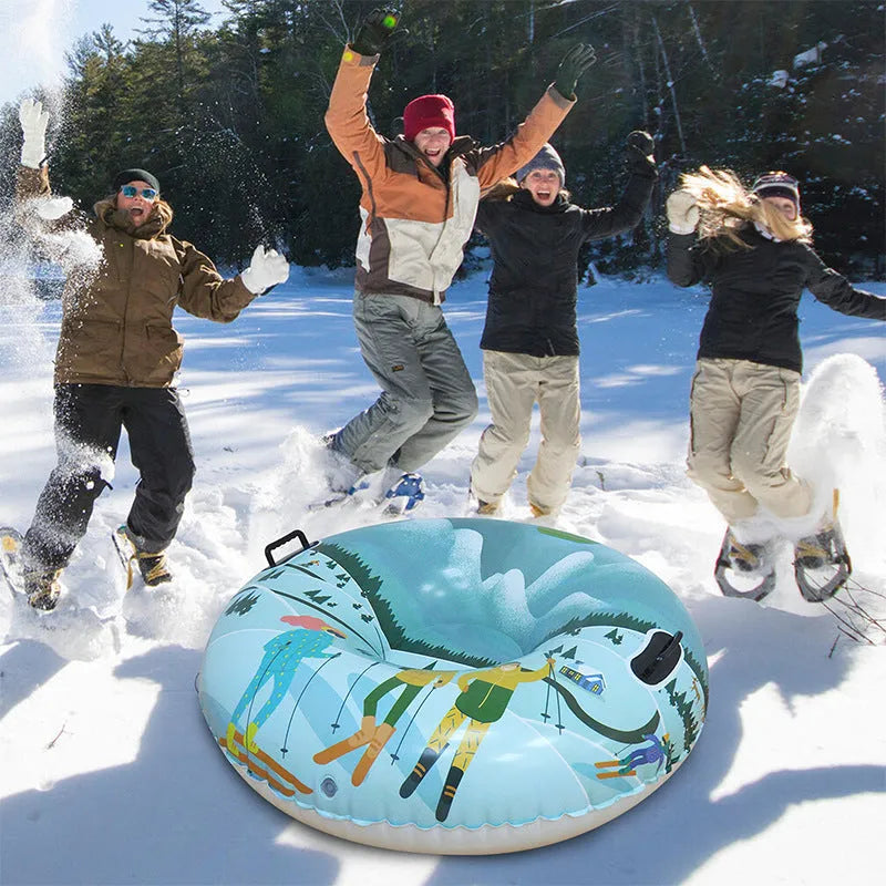 PVC ski ring toy for winter snow play in flame red, ice-snow blue, or snow mountain printed design.