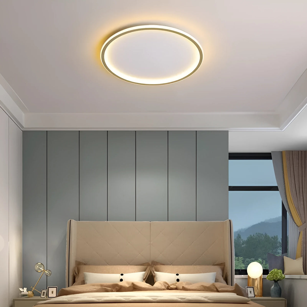 Circular modern LED ceiling lamp in black finish with dimming and multiple light colour options.
