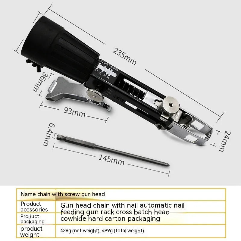 Automatic chain screw gun head electric screwdriver attachment with cross head bit and gun rack