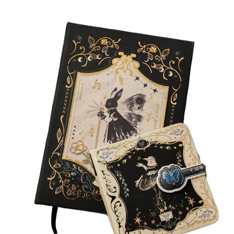 THALO A5 retro art notebook with gothic style cover, open on wood pulp paper.