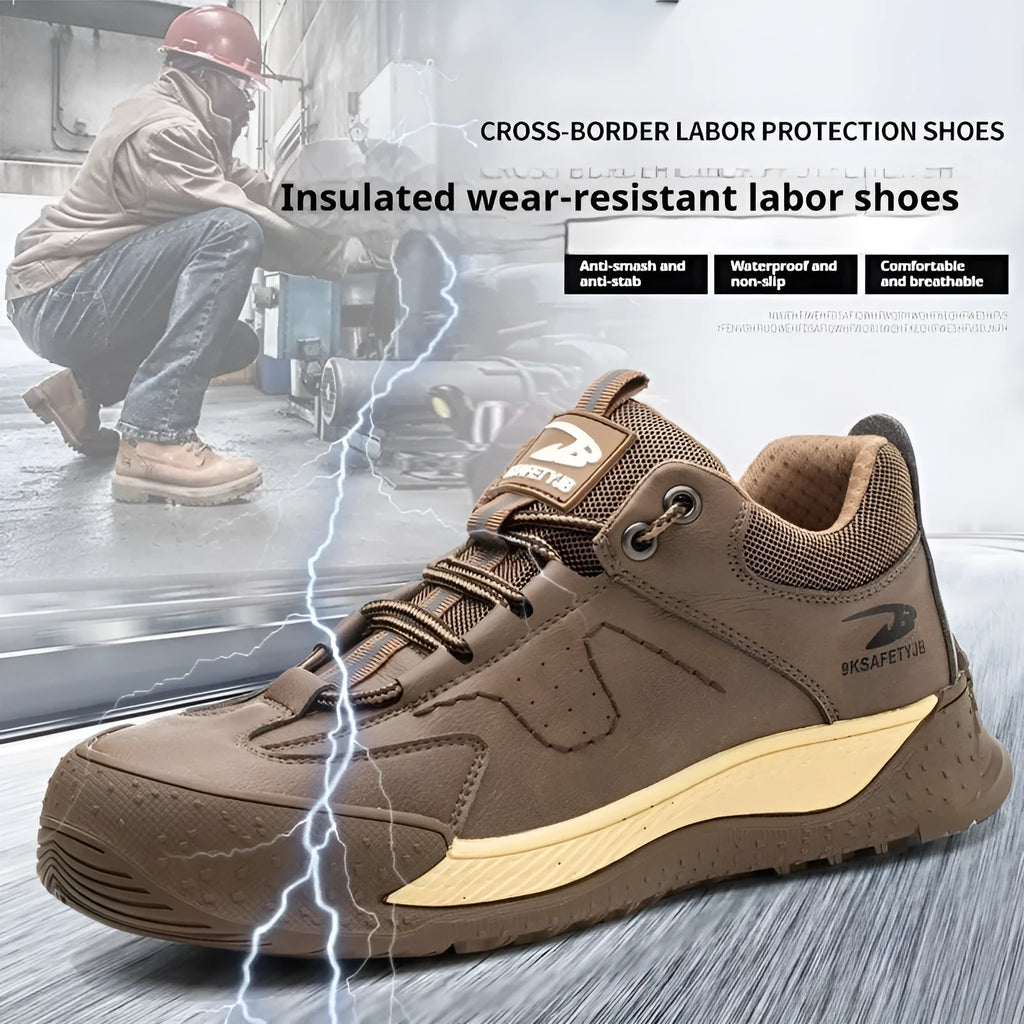 Leather work shoes with Flyknit detail, shown in a brown colour on a rubber sole.