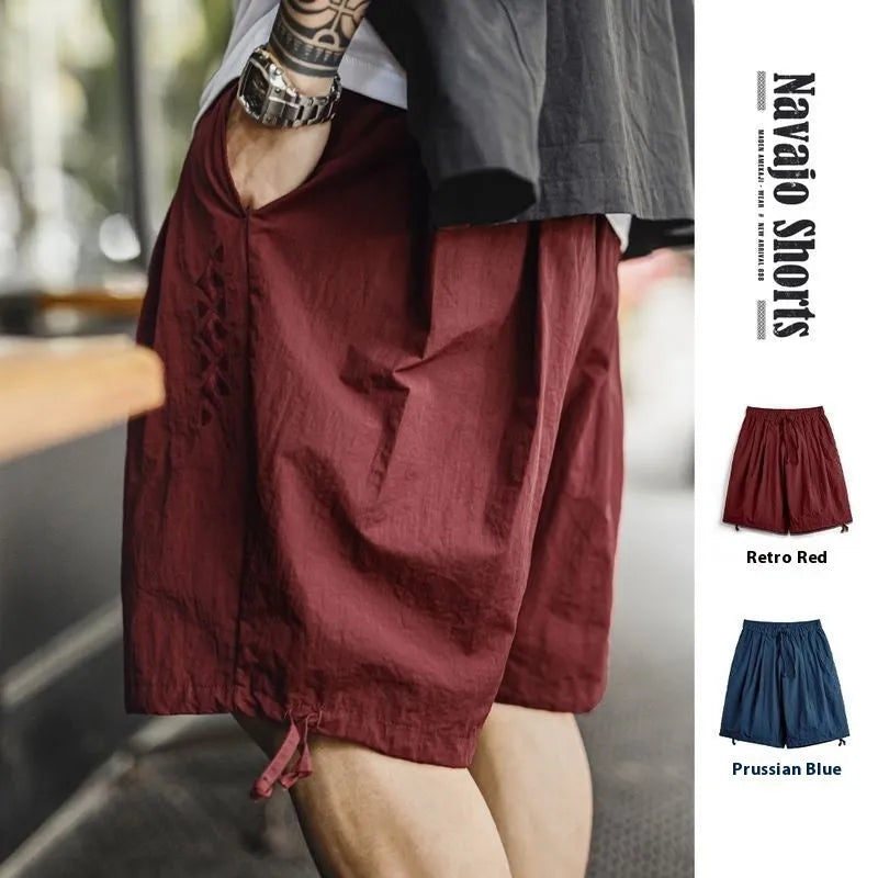Men's loose Prussian Blue nylon beach shorts with embroidered detail and straight cut