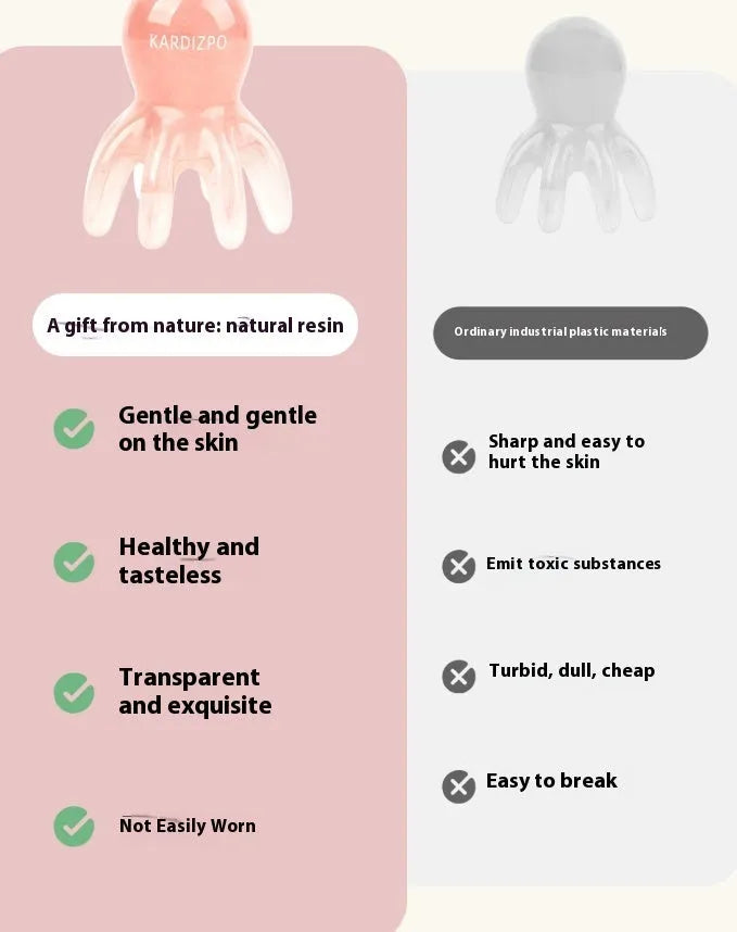 Pink natural resin octopus-shaped massage comb with storage bag.
