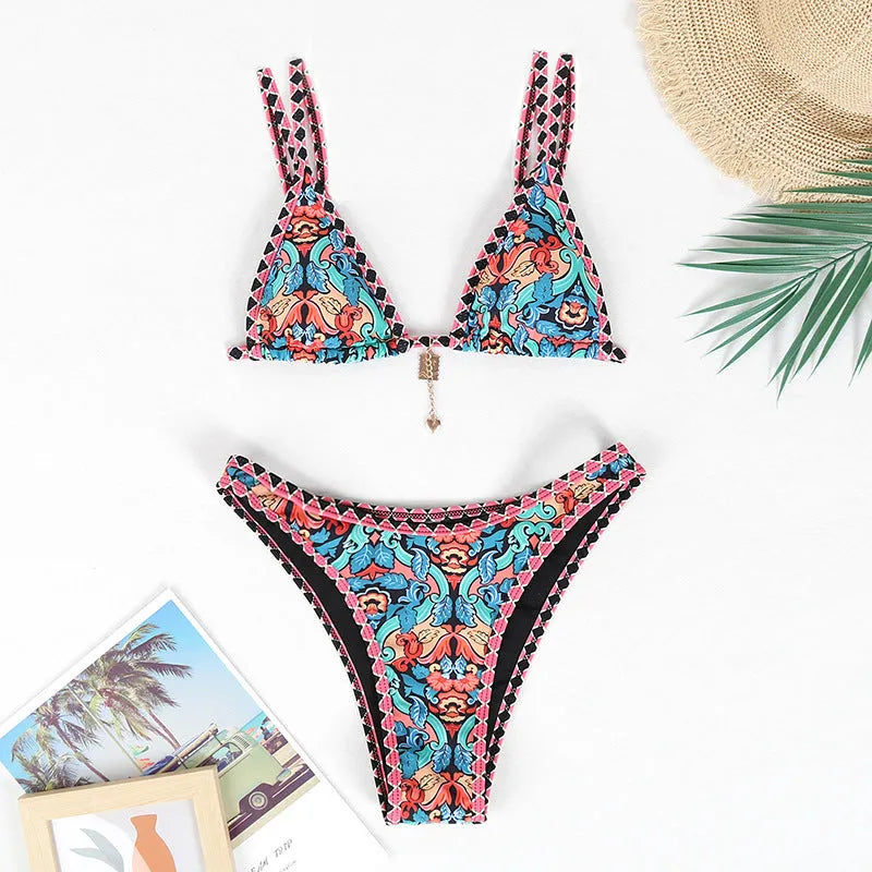 Women's retro printed bikini swimwear in polyester fabric with four-colour design