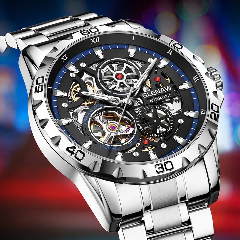 Men's silver skeleton automatic watch with luminous hands and stainless steel strap