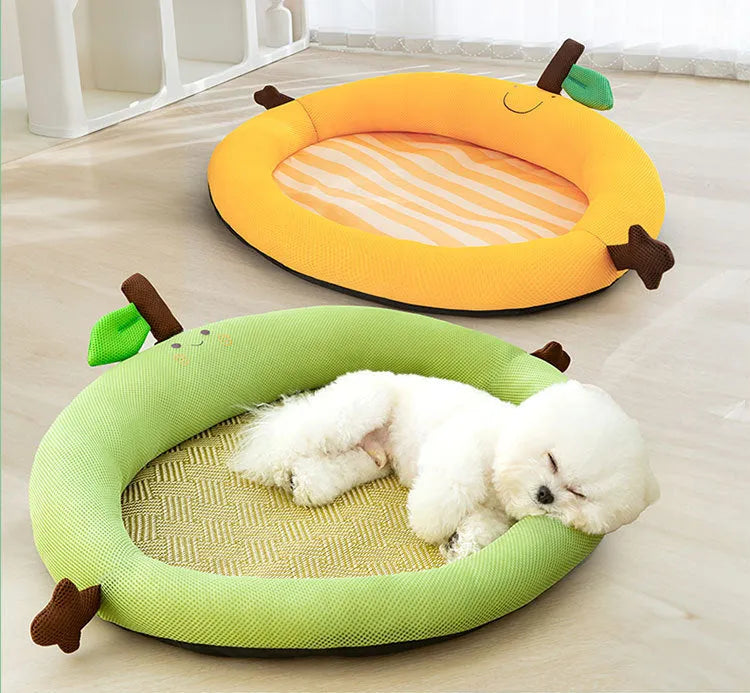 Green pet cooling mat and nest bed with fruit-shaped backrest for dogs or cats.