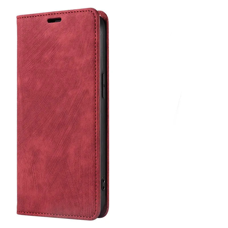 Magnetic flip phone case for iPhone in grey, made from TPU and leather with a solid colour design.