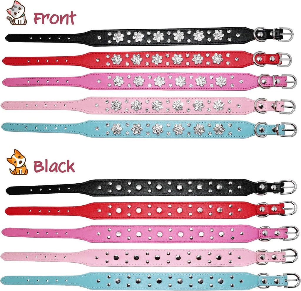 Rhinestone flower pattern studded PU leather dog collar in multiple colours for small medium dogs