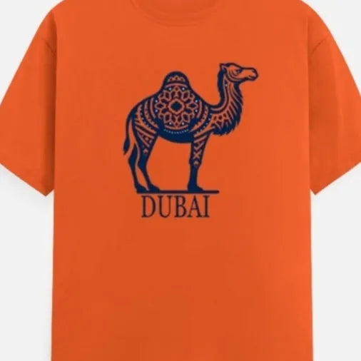Orange cotton short sleeve T-shirt with a round neckline on a hanger.