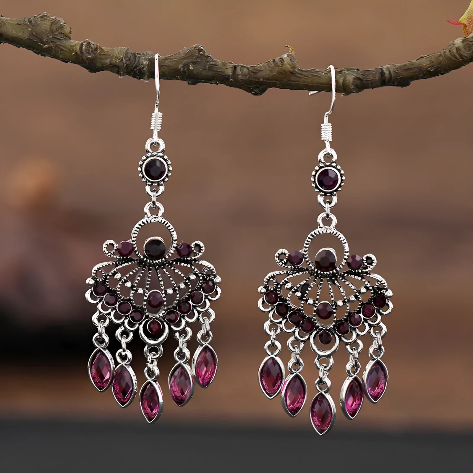 Smart water drop purple retro crystal fringe earrings with ethnic design and drop shape