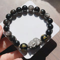 Men's natural silver stone bracelet with Chinese zodiac signs and beaded design