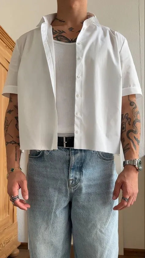 White men's short sleeve polyester shirt with a plain design and cropped top length.