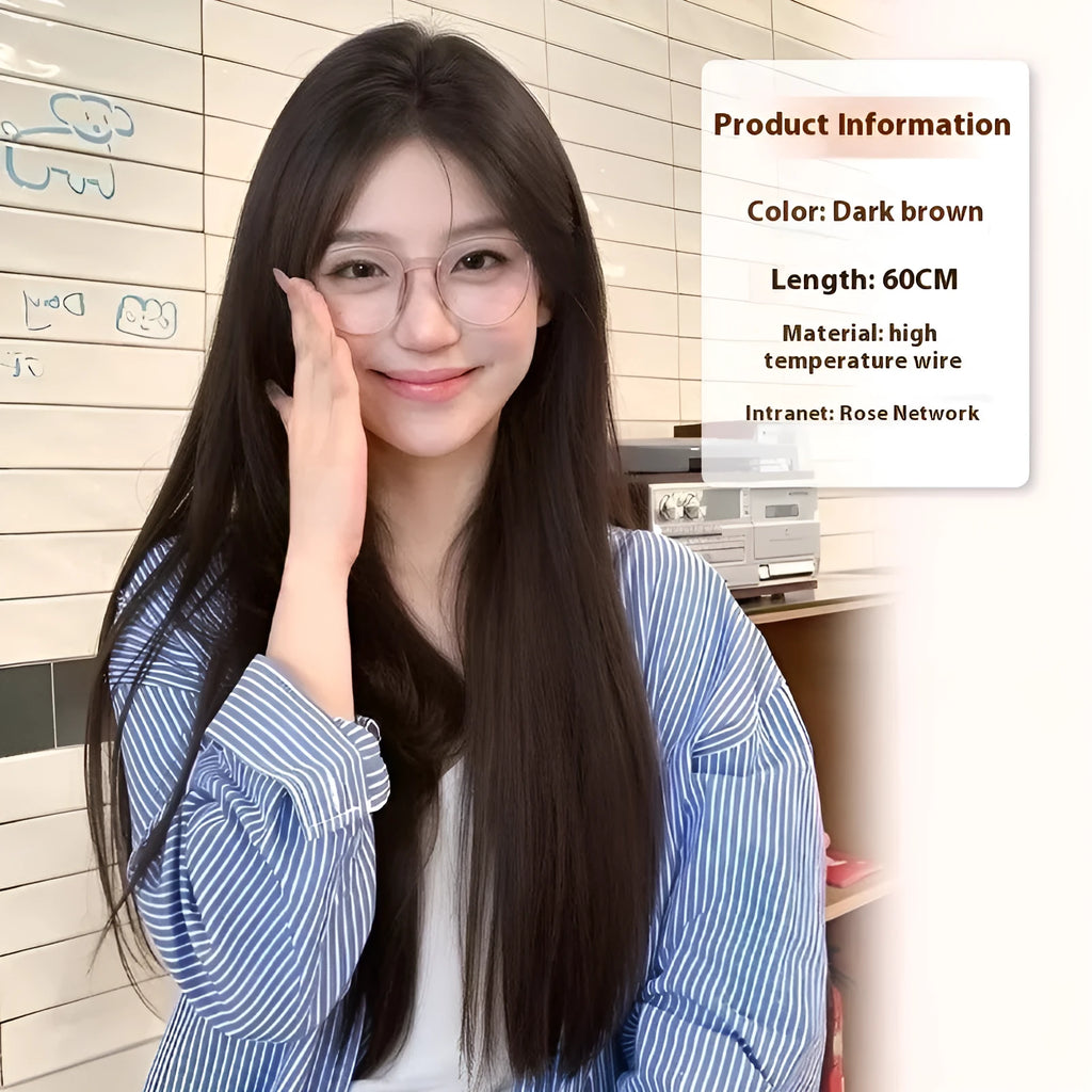 Full-head forehead lace wig in mid-length natural black straight style with styling accessories