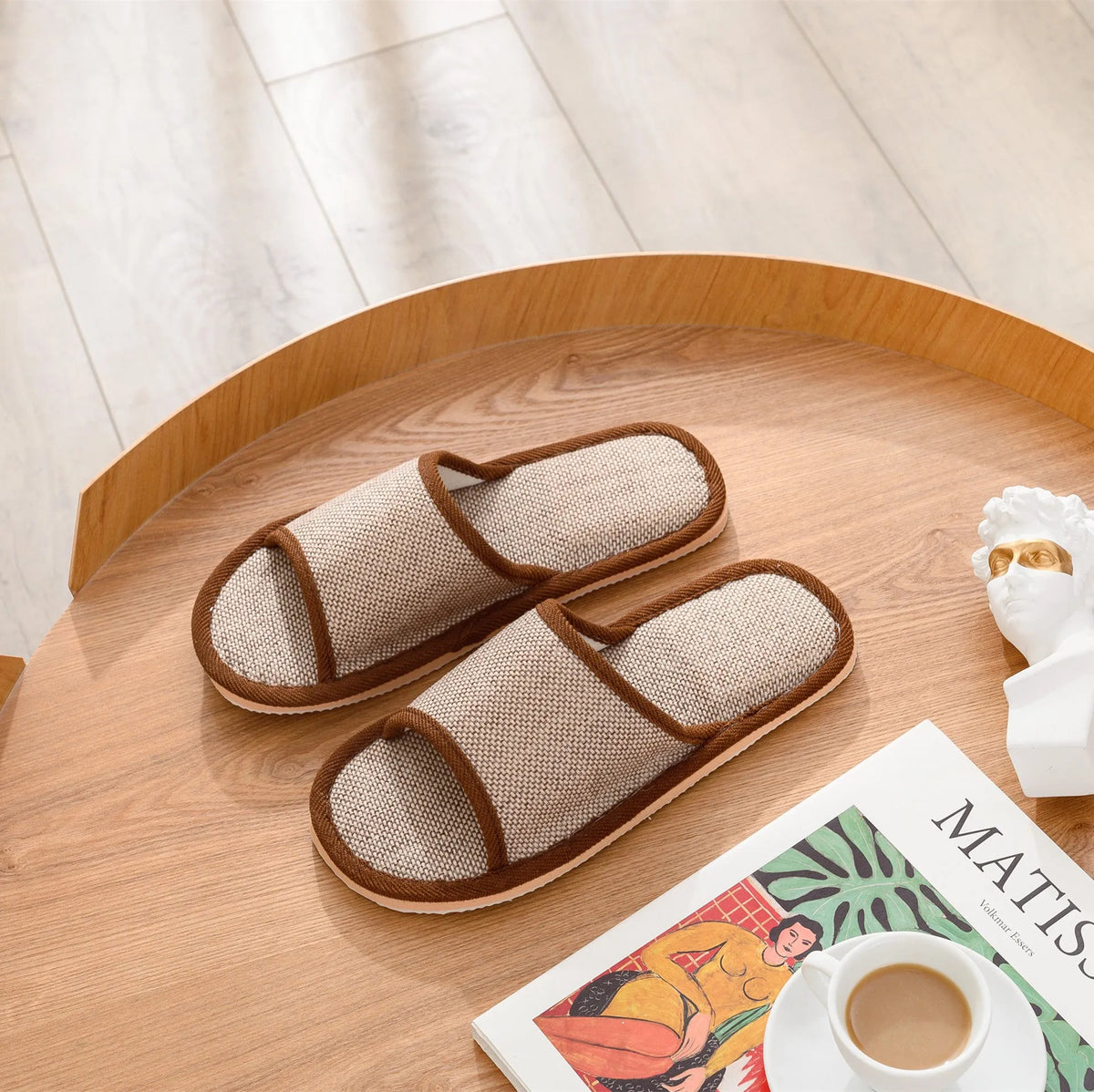 Women's open-toe linen slippers in light brown colour with a thickened sole