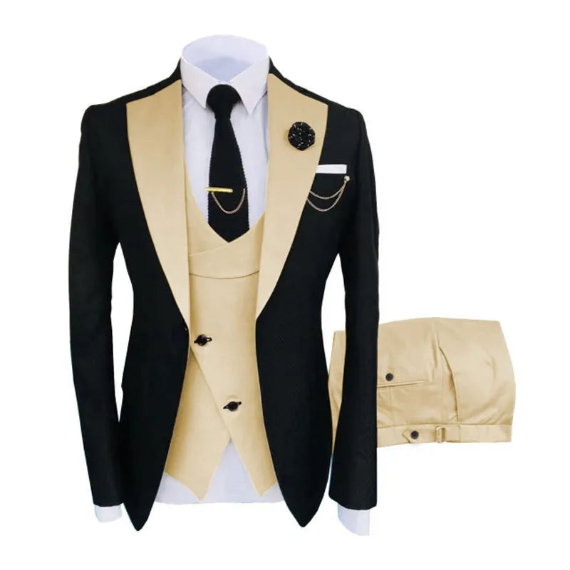 Men's slim fit cotton business suit with coat, vest and trousers in black colour combination