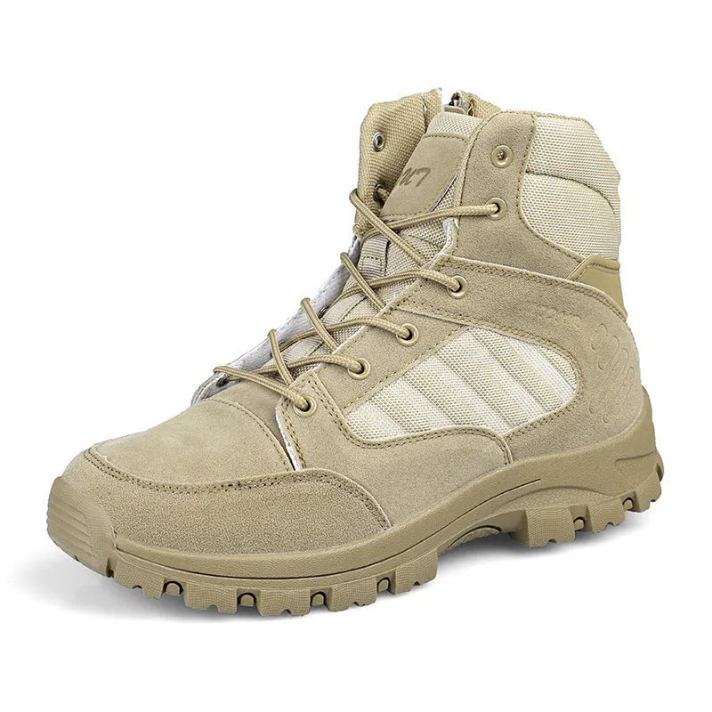 Men's black camouflage high-top hiking shoes with artificial PU upper and metal details