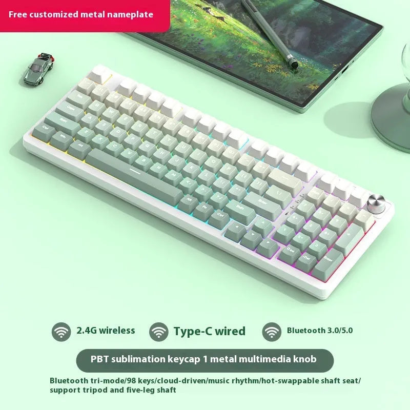 White screen version 98-key wireless mechanical keyboard kit with metal knob on desk