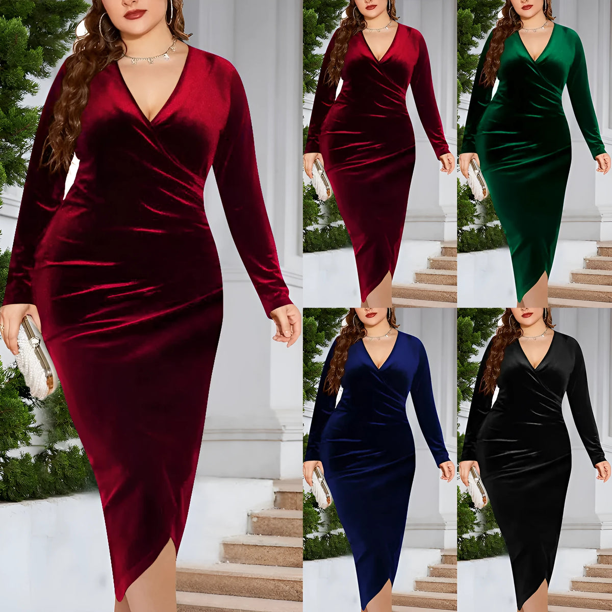Women's V-neck dress with regular long sleeves in red, green, blue and black colours