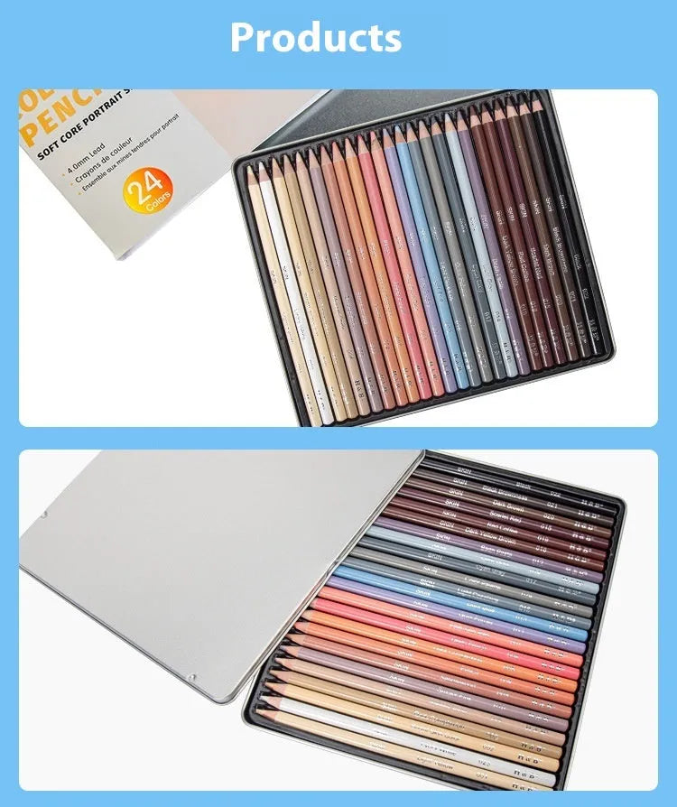 Round metal tin containing 24 skin tone coloured pencils for portrait drawing