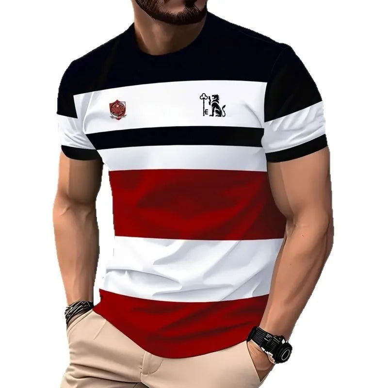 Men's striped digital 3D printed t-shirt in loose fit casual style with short sleeves