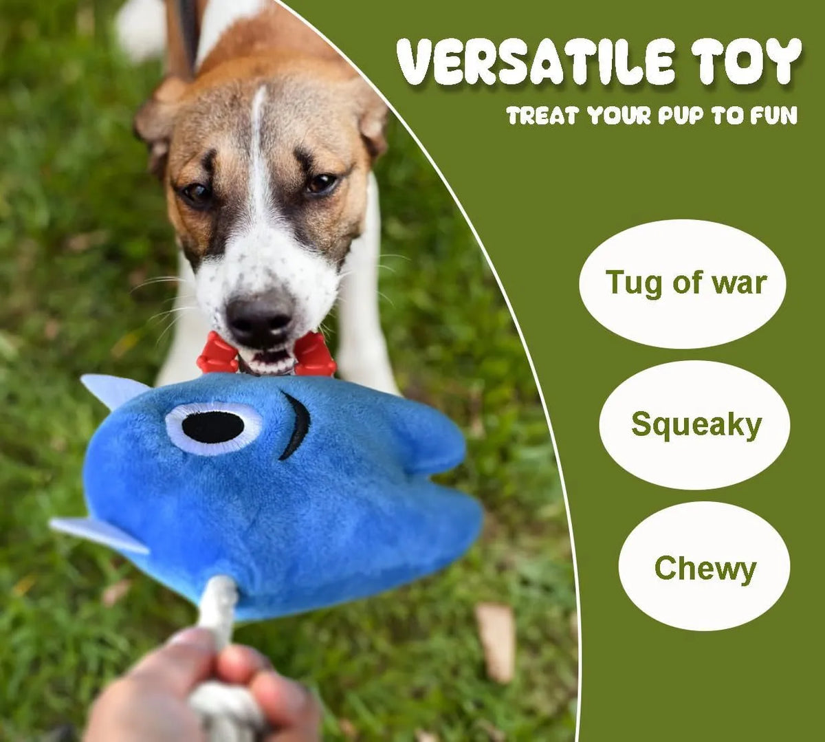 Blue and green plush dog toy with integrated rope and squeaker for chewing and tug-of-war play