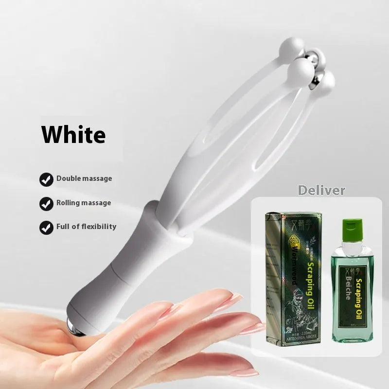 Blue and white steel ball finger massager hand joint roller on a neutral background.