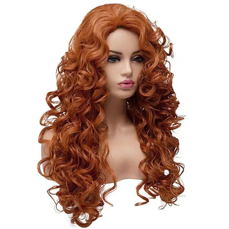 Long brown curly wavy synthetic wig for Halloween cosplay or fashion wear.