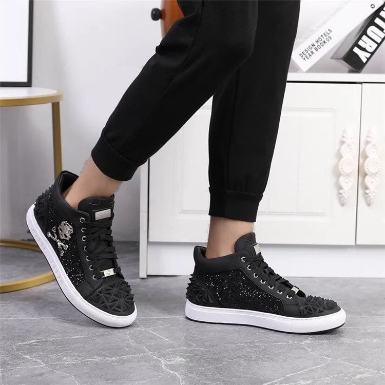 Men's black high top leather skeleton shoes with lace-up front and rubber sole
