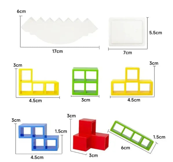 Plastic balance stacking board game with 16 coloured blocks, chassis, and base on a table