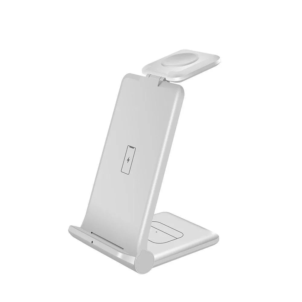 White foldable 3-in-1 wireless charging station for iPhone, Samsung phone, AirPods and Apple Watch.