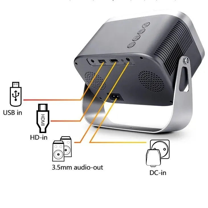 Compact white portable Android smart projector for phone screen mirroring with 1080p HD resolution.