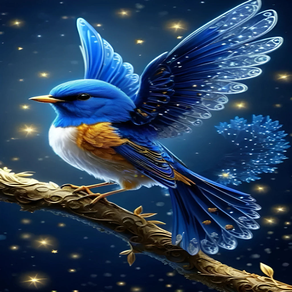 Handmade DIY blue bird diamond painting kit showing rhinestone details on a 60x100cm canvas