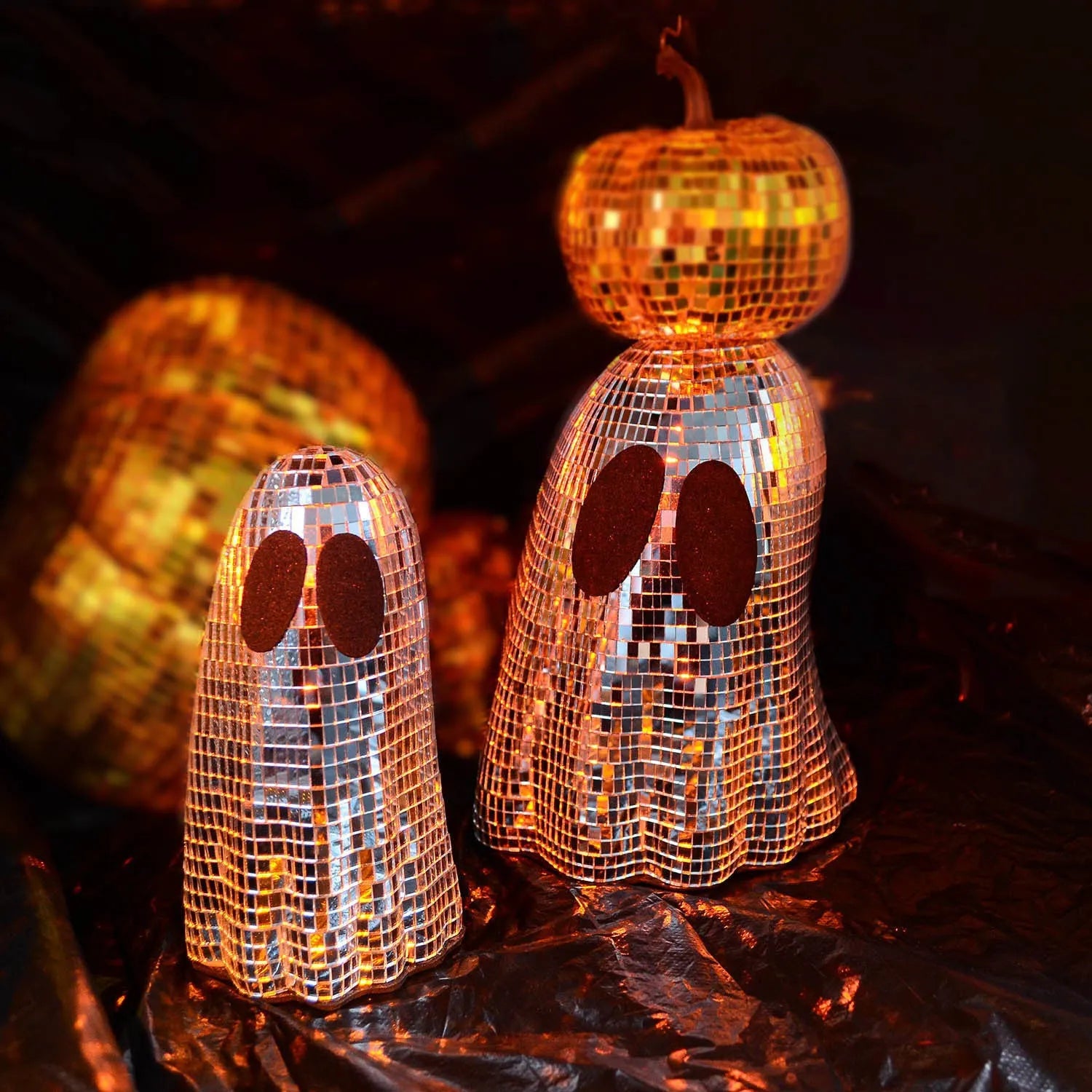 Silver Halloween ghost desktop decoration with mosaic mirror patch inlay on glass.