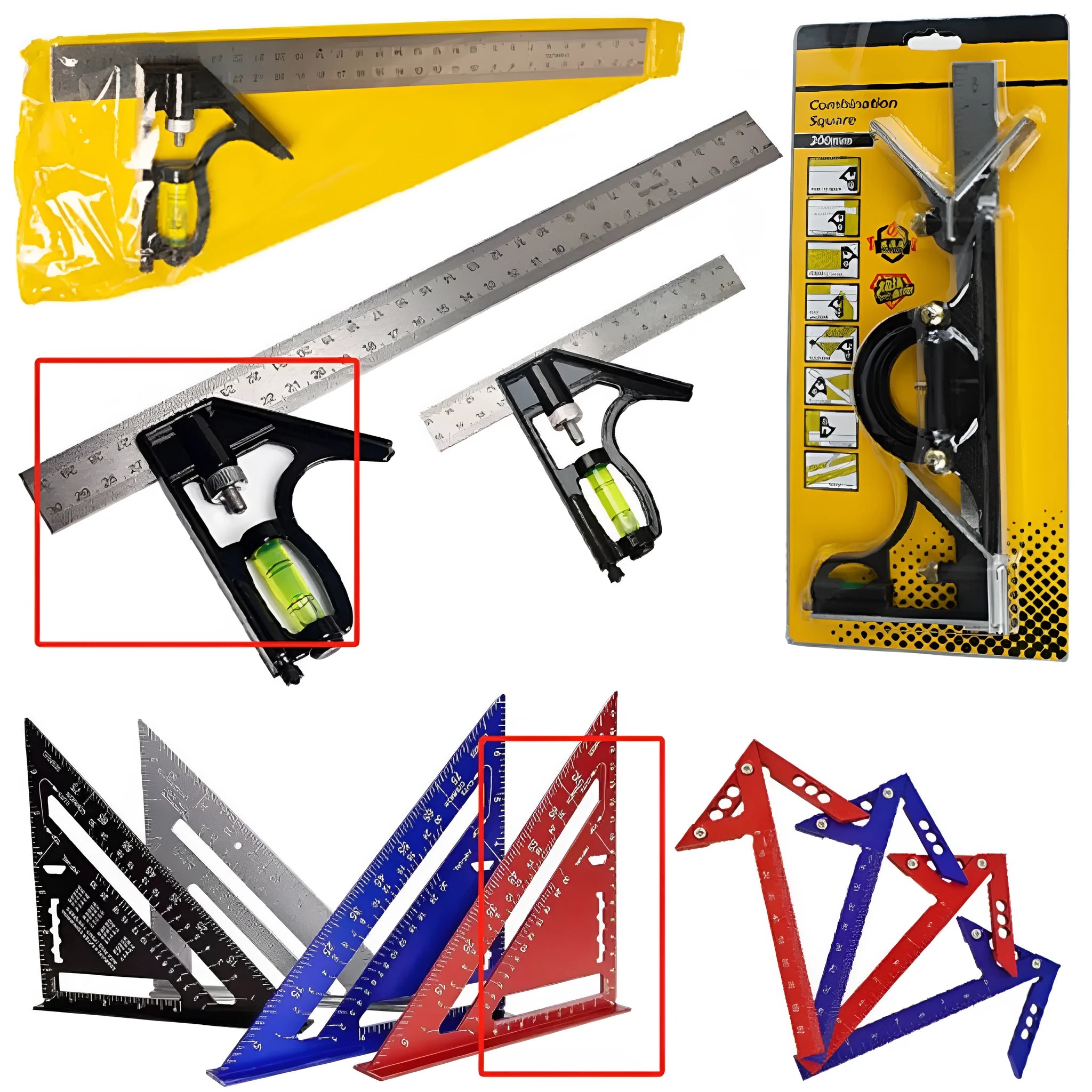Thin red 7 inch metal combination angle ruler for civil surveying with metric scales on both sides