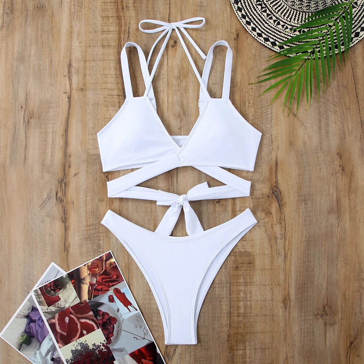 Solid colour strap bikini swimsuit in black red blue rose red or white
