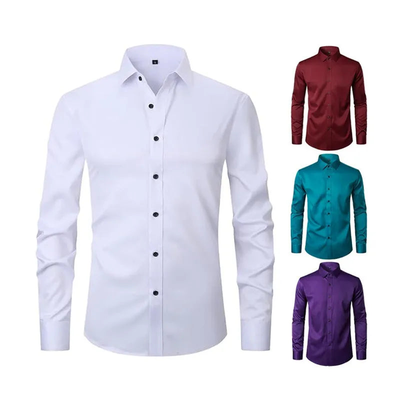 Men's stretch long sleeve work shirt in polyester, showing colour options and size range up to 3XL.