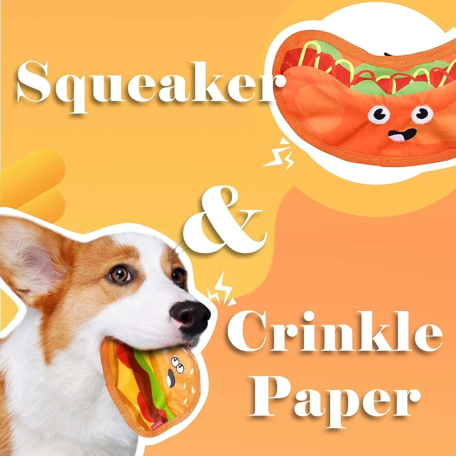 A set of four colourful crinkle and squeak dog toys shaped like a burger, fries, a hot dog, and a pizza.