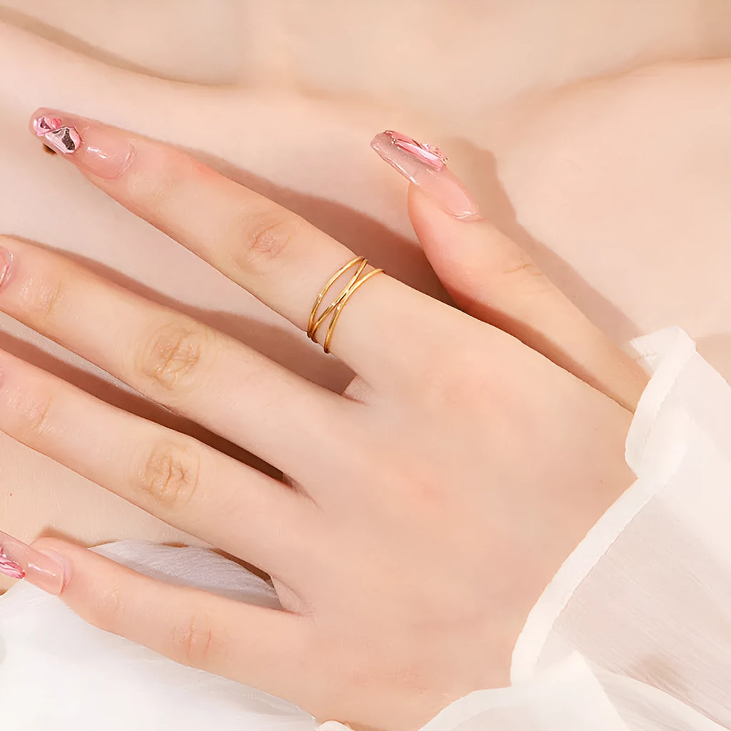 Gold titanium steel ring with three-layer coil geometric design