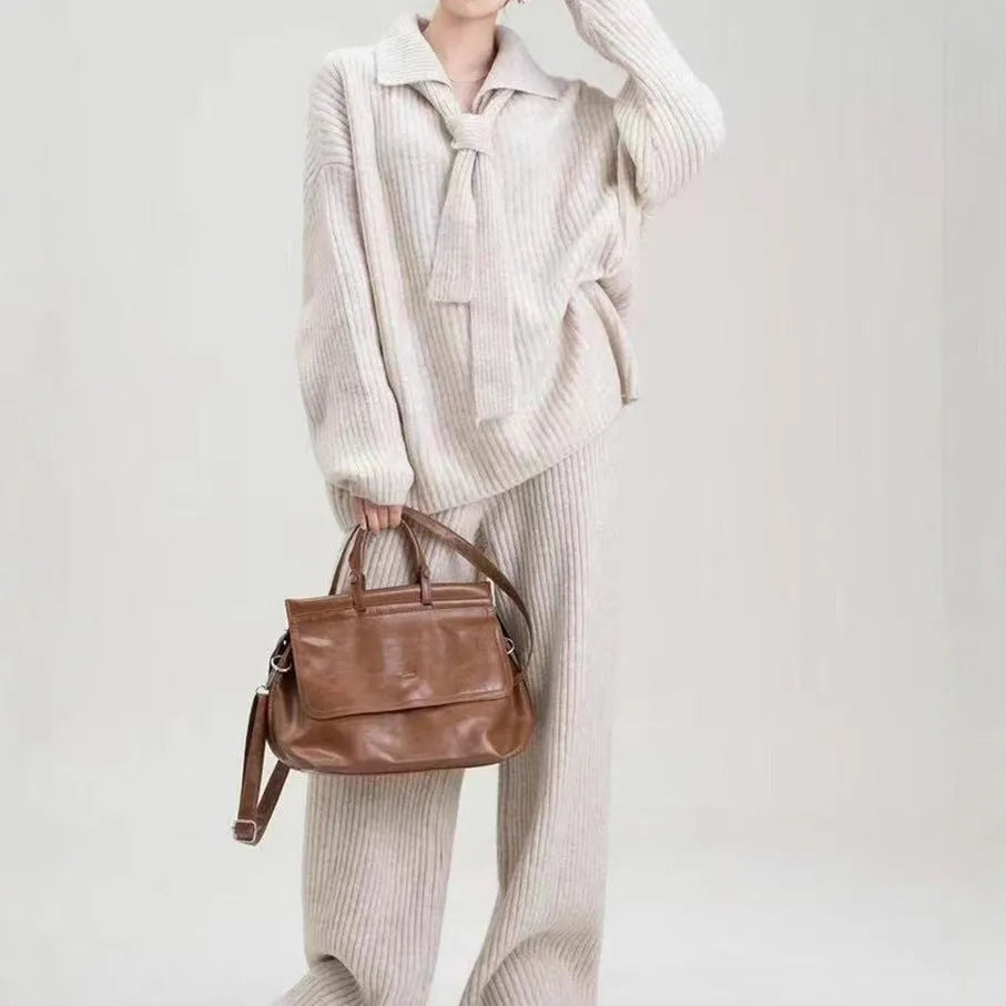 Imitation cashmere sweater suit two-piece set with top and trousers in dark grey colour