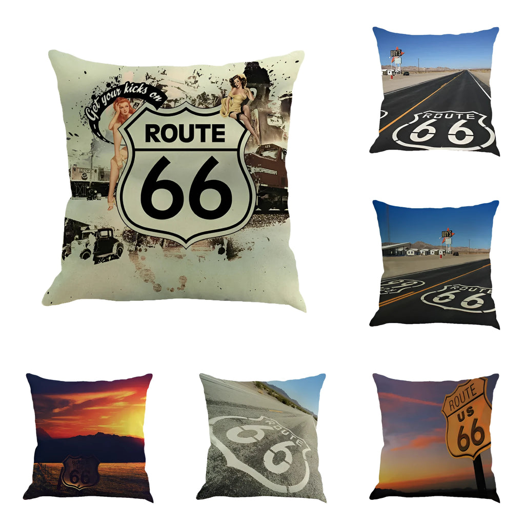 Square linen blend cushion cover with US Route 66 landscape print, 45cm size.
