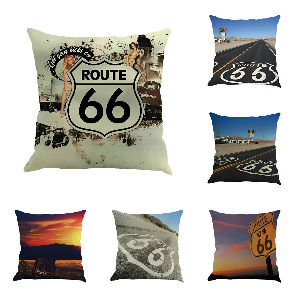 Square linen blend cushion cover with US Route 66 landscape print, 45cm size.