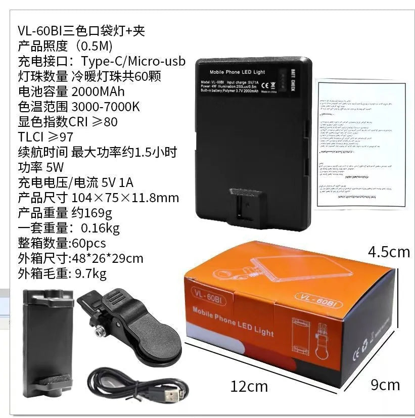 Pocket LED fill light with clip mount attached to mobile phone for photography lighting