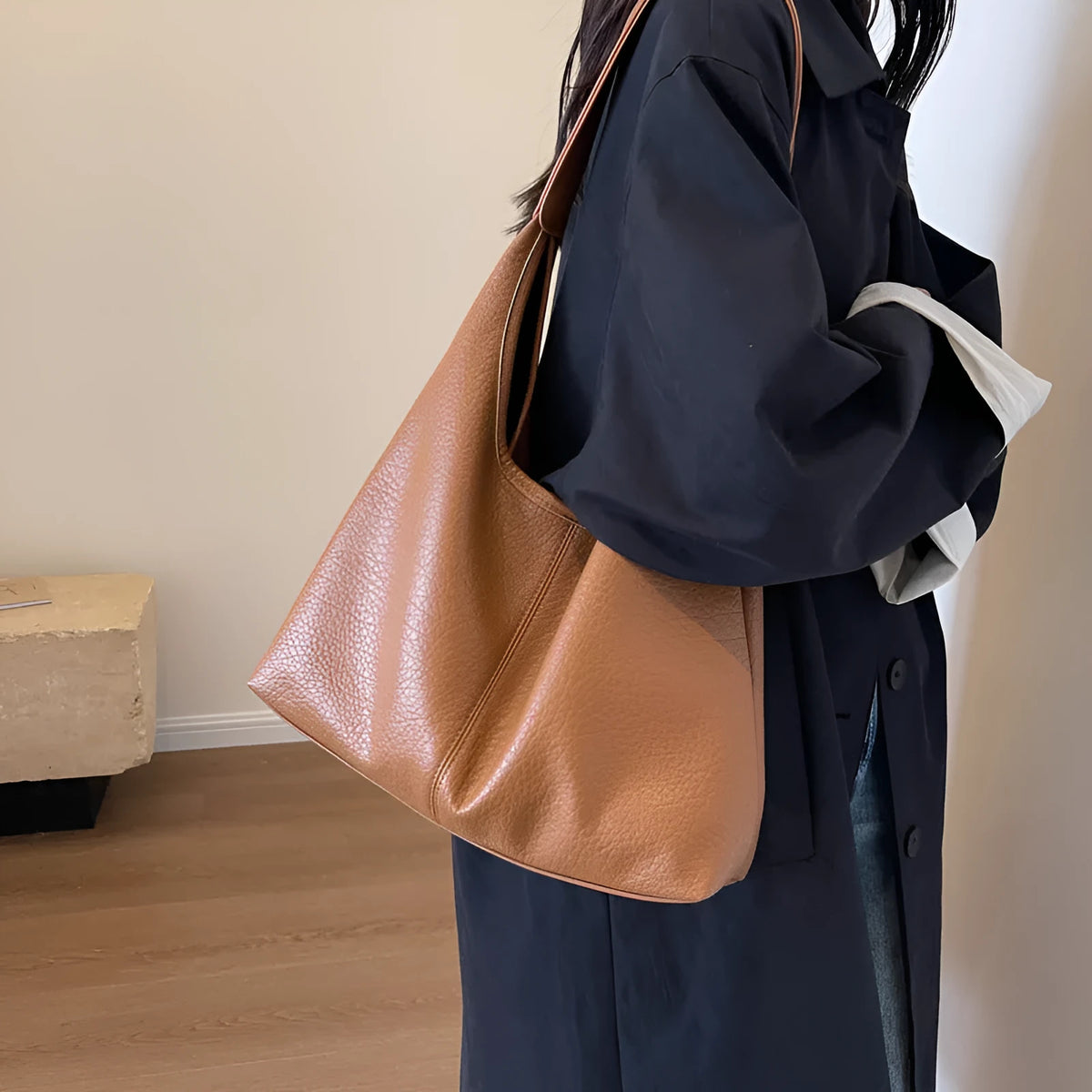 2Pcs women's large capacity PU shoulder bag set with small wallet in beige, black, apricot, brown, coffee, or khaki