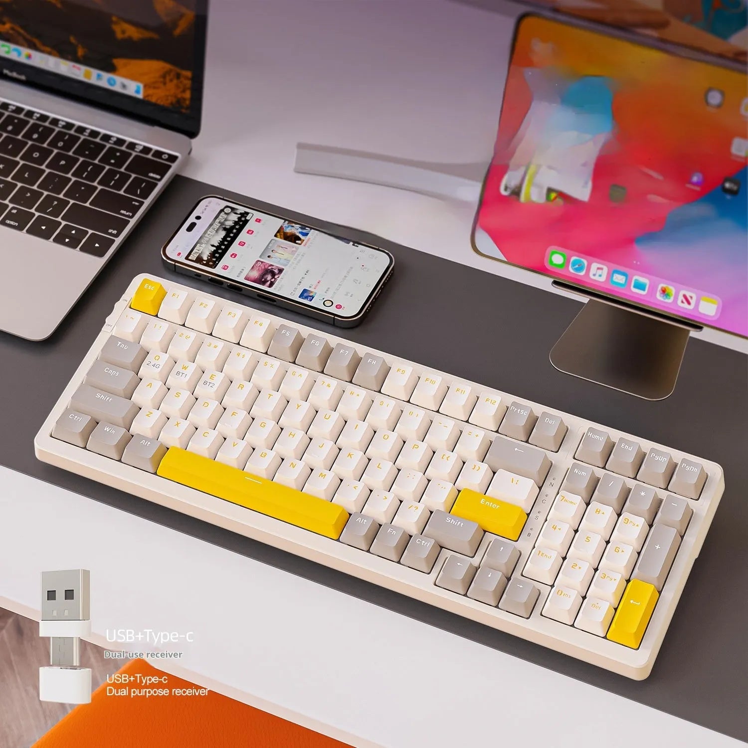 Free Wolf K96 Bluetooth mechanical keyboard with colourful keycaps in blueberry, cheese, lemon, or shimmer colour theme