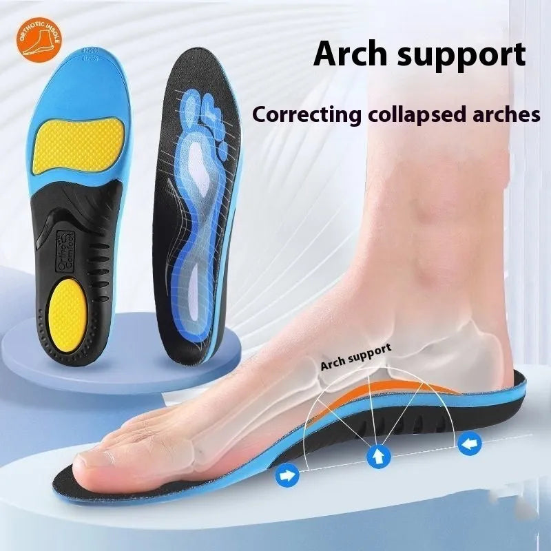 Blue and green PU flat foot correction insoles showing arch support structure