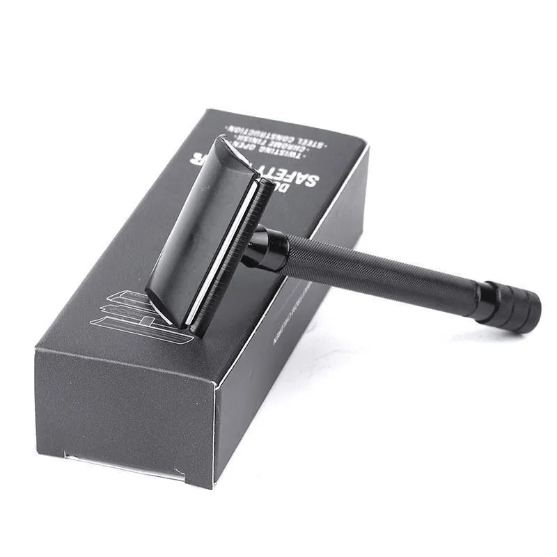 Traditional manual metal shaver with chrome plating and included shaving brush