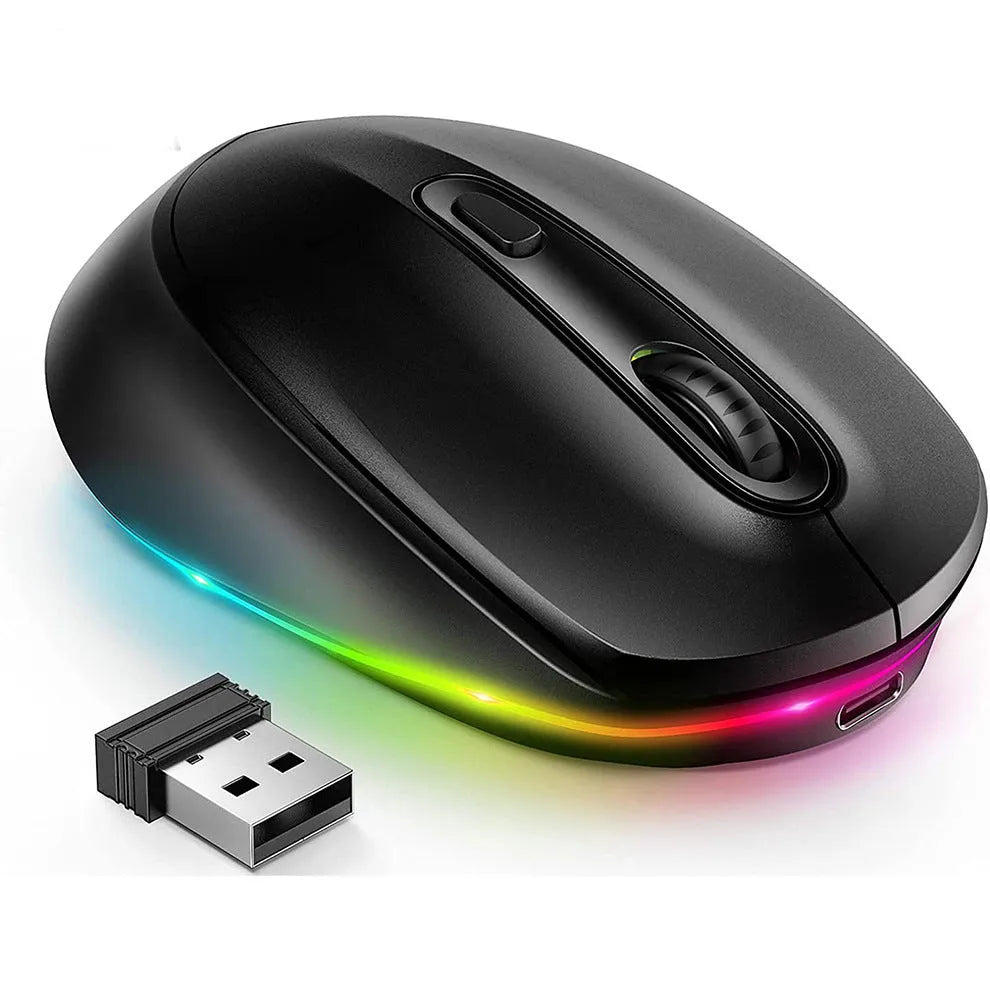 White rechargeable wireless mouse showing ergonomic design and compact size for laptop use