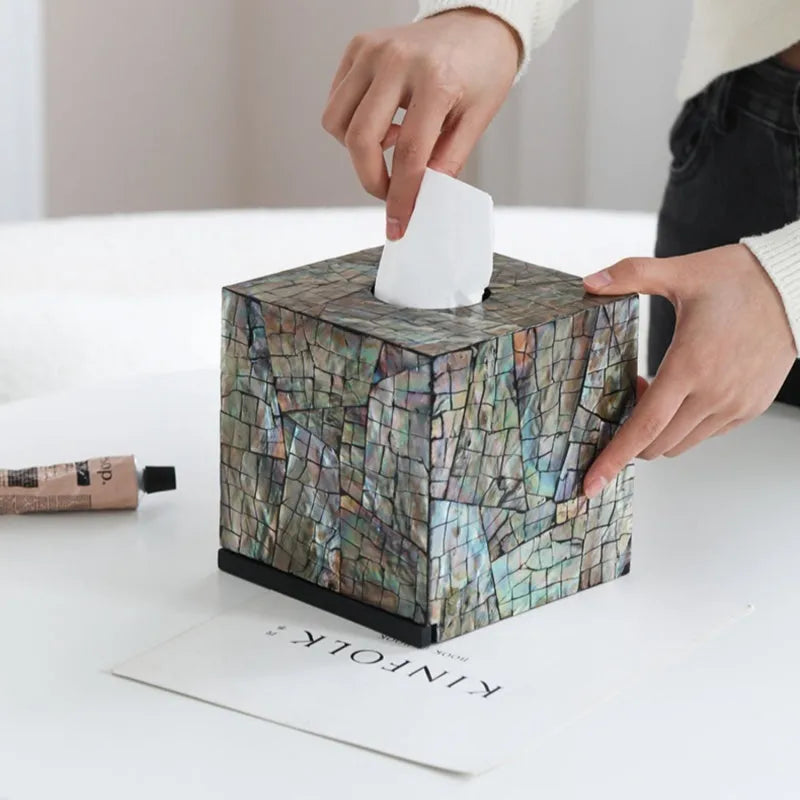 Black shell tissue box storage container with modern design on coffee table