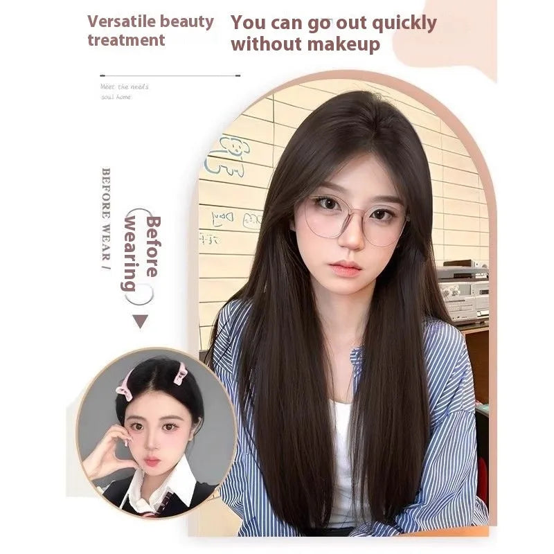 Full-head forehead lace wig in mid-length natural black straight style with styling accessories